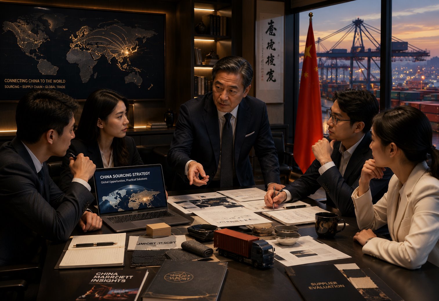 Business leaders and specialists discussing China sourcing strategy around a conference table