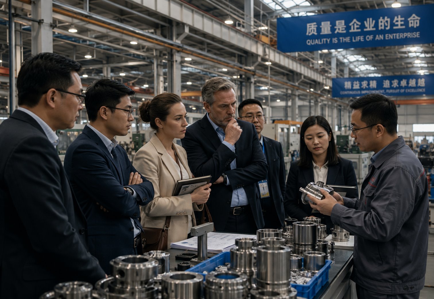 Business delegation reviewing production quality with a factory team