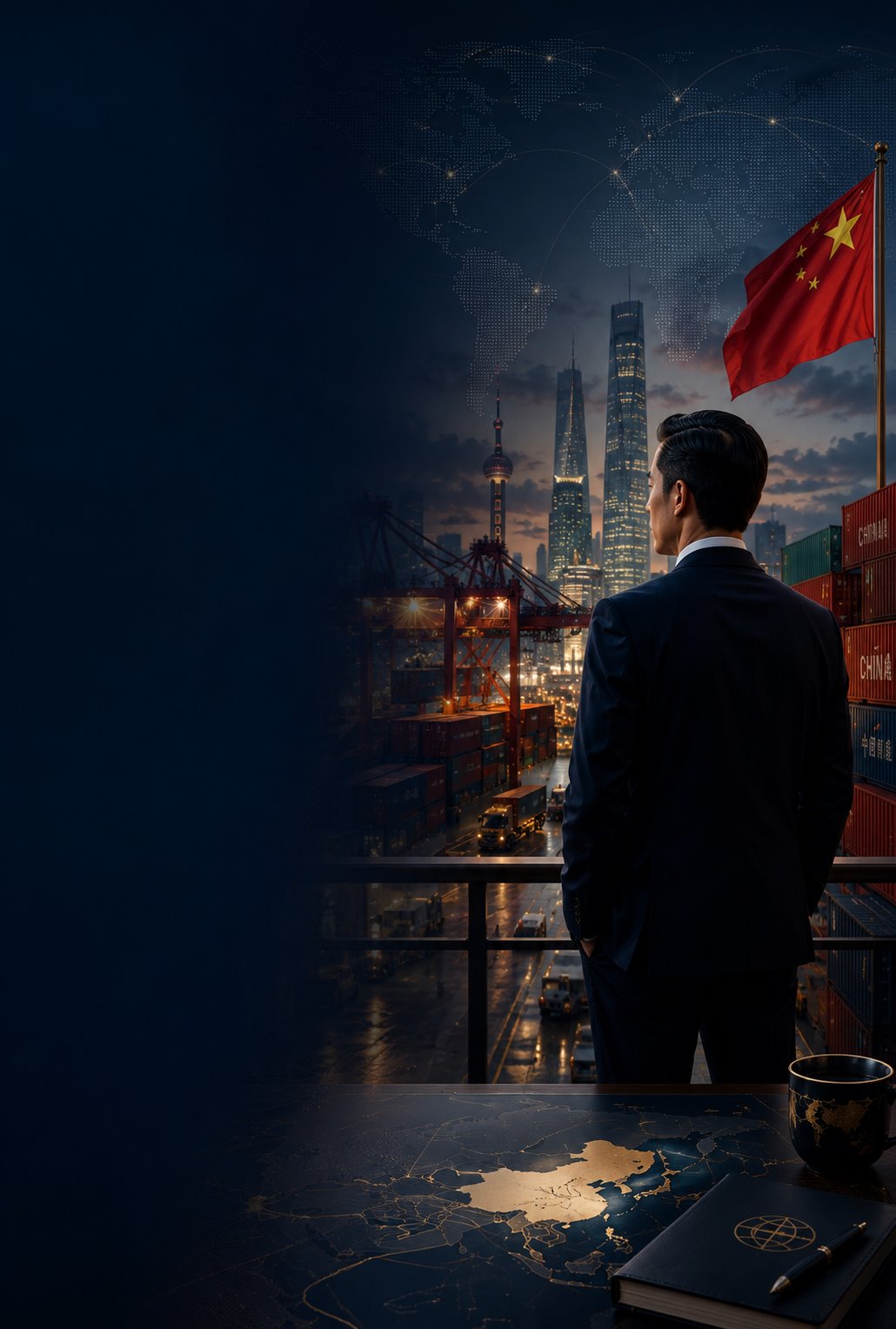 China port, skyline, flag, and business leaders representing global trade with China