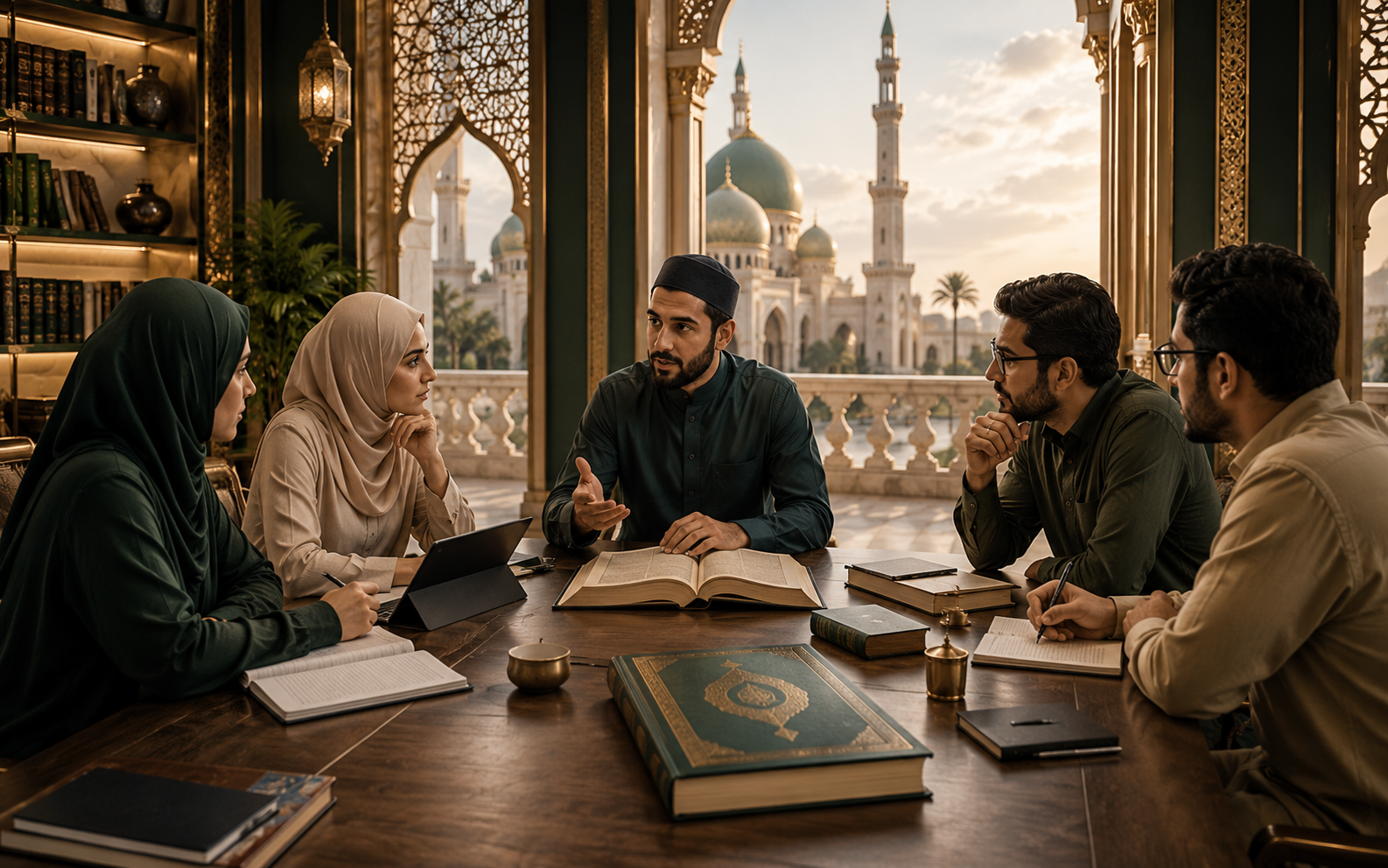 Instructor and learners in a guided Islamic Studies discussion with books and digital study tools