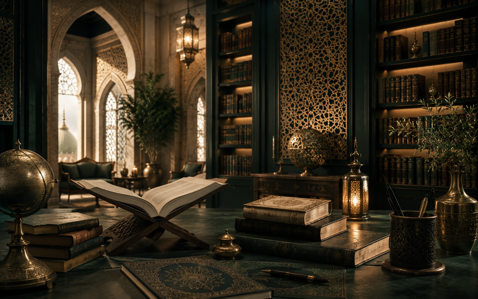 Islamic library setting with open books, arches, shelves, and warm study light
